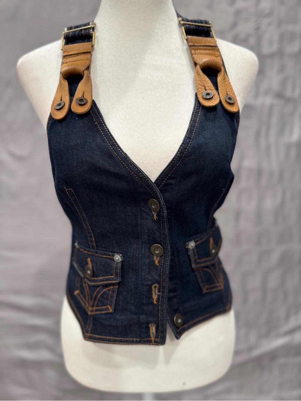 Dolce & Gabbana Dark Blue Denim Vest with Tan Leather Straps